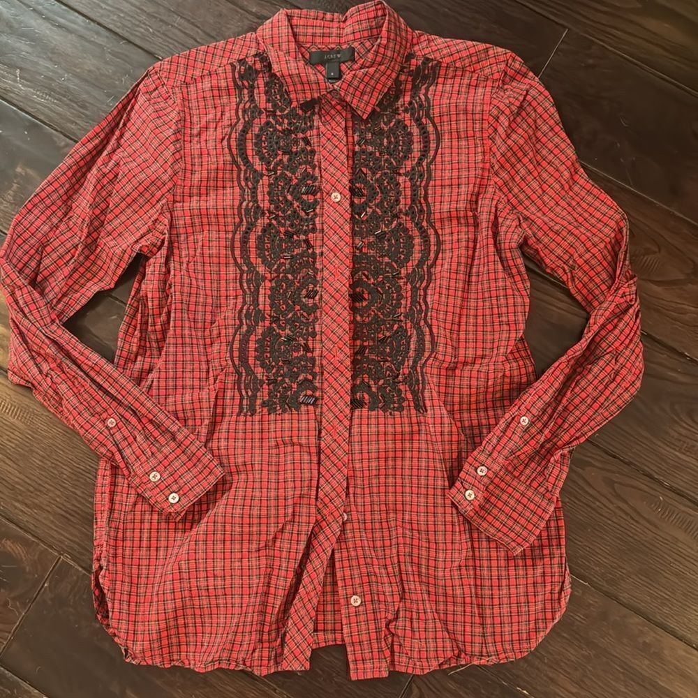 J.Crew Red Embellished Plaid Button Down - Picture 4 of 7